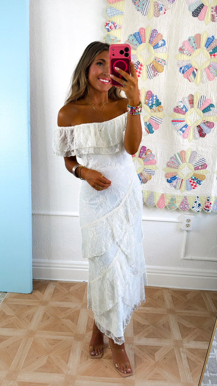 Eleanor Ruffle Lace Dress, Ivory