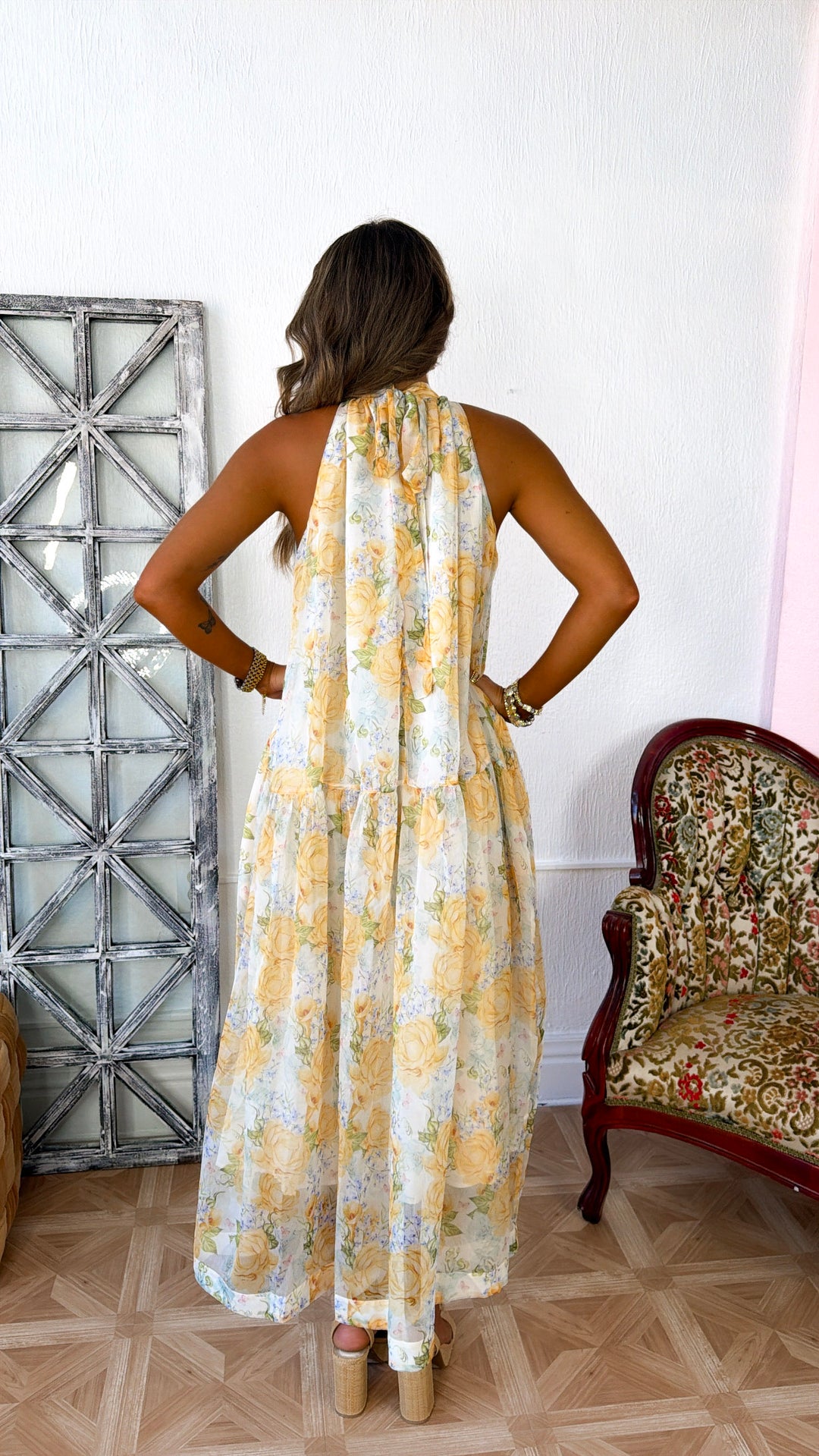 Happiest Year Floral Halter Dress, Ivory/Yellow