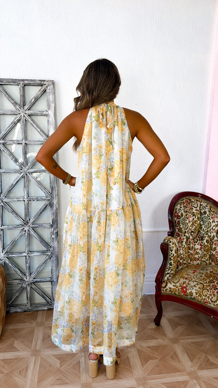 Happiest Year Floral Halter Dress, Ivory/Yellow