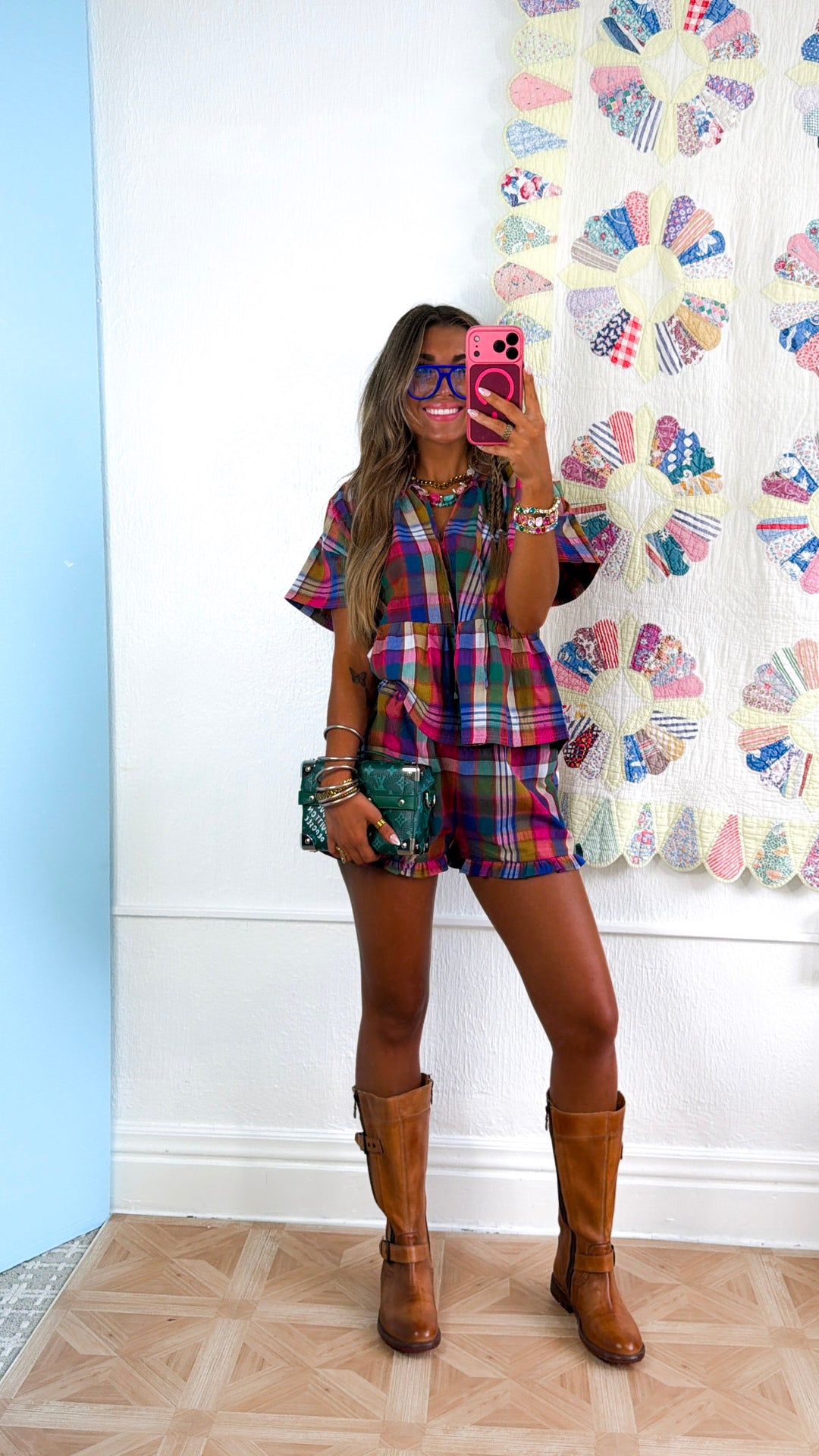 Ruffle Plaid Shorts, Pink/ Navy Plaid