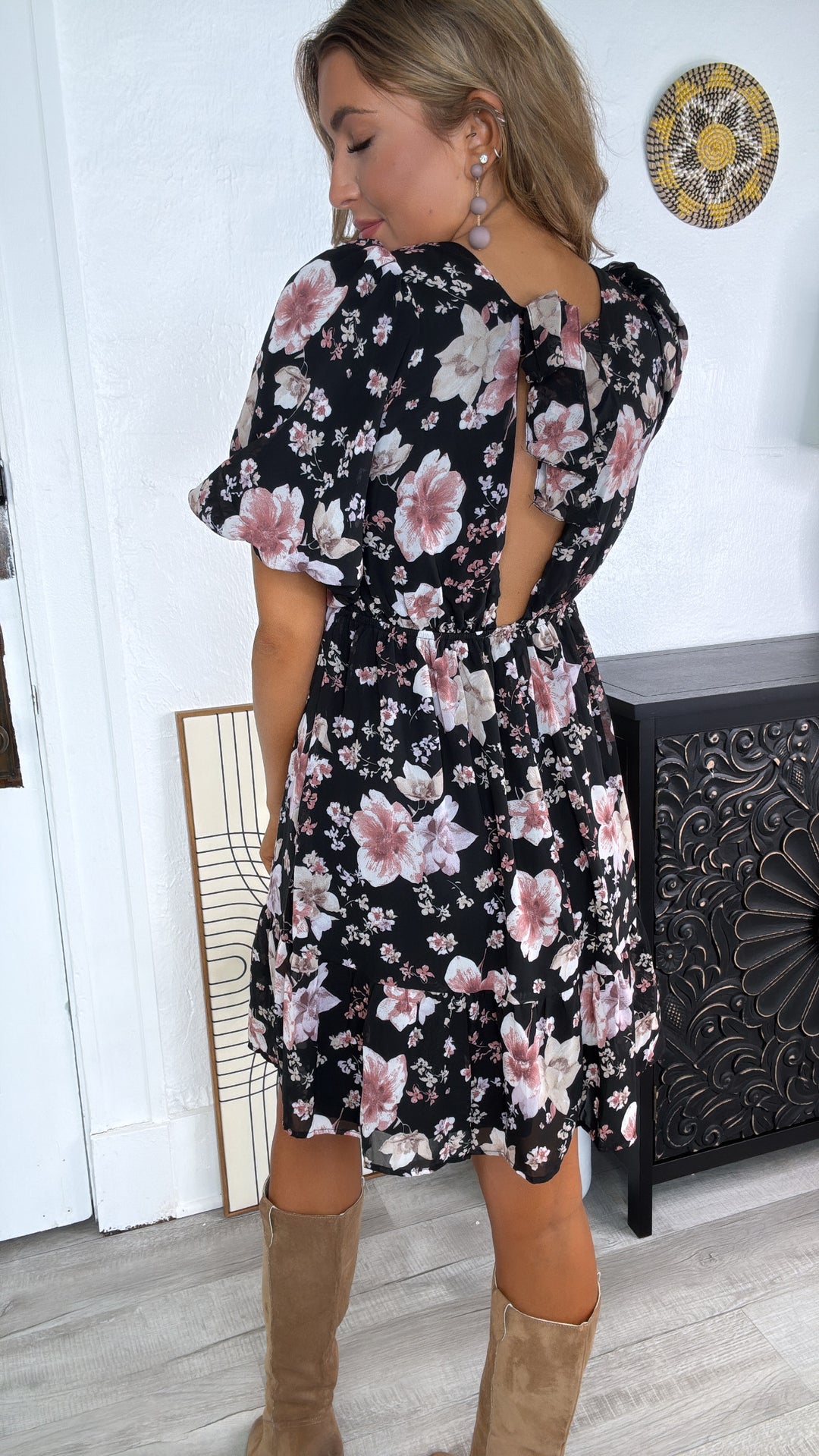 Della Dainty Floral Bubble Sleeve Mini Dress, Fall Black Multi Everyday Chic Boutique Della Dainty Floral Bubble Sleeve Mini Dress, Fall Black Multi Everyday Chic Boutique