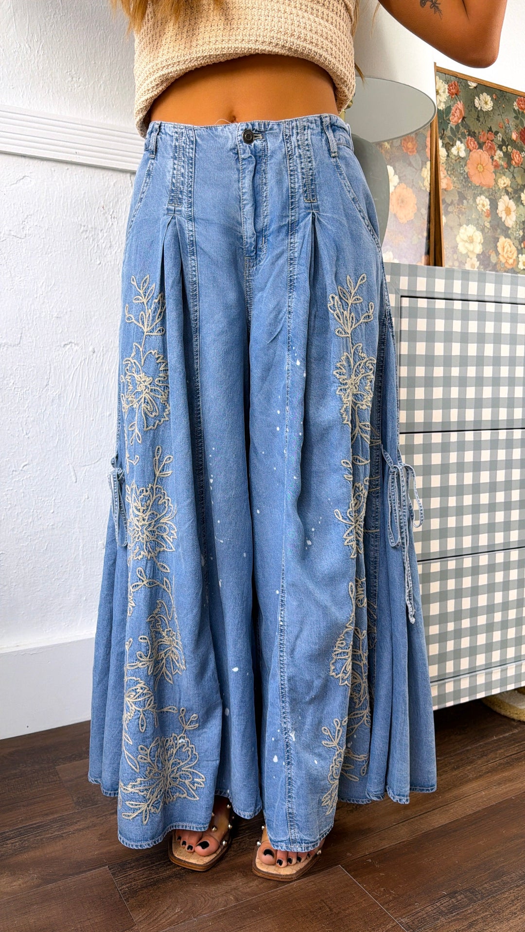 Floral Detail Wide Leg Pants, Denim