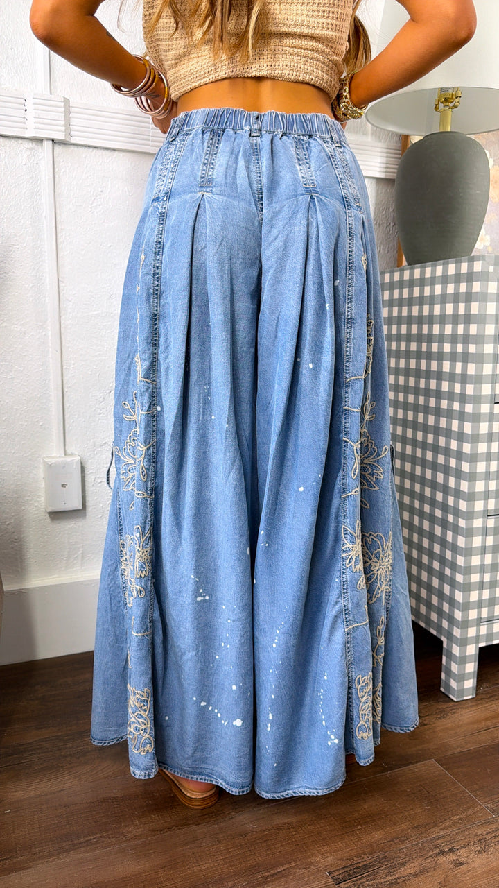 Floral Detail Wide Leg Pants, Denim