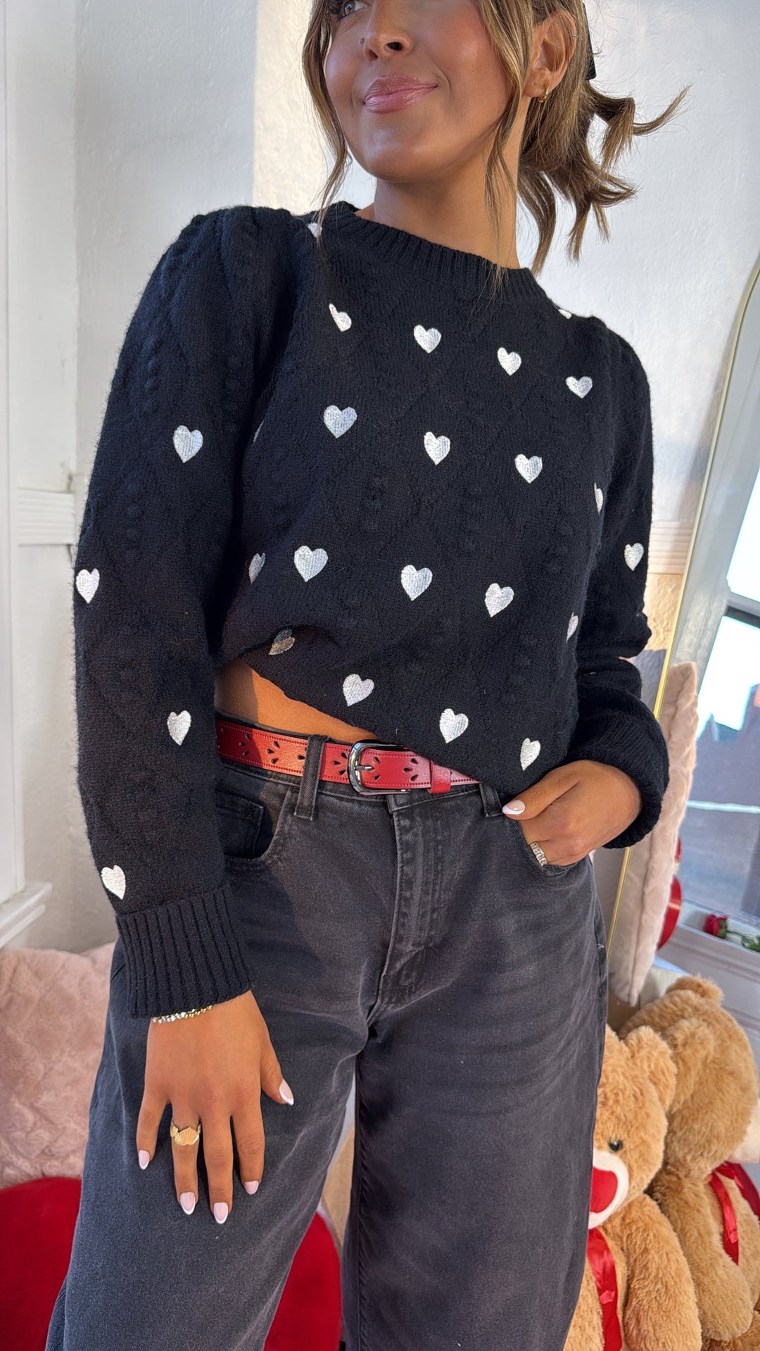 XOXO Heart Embroidered Pom Detailed Sweater, Black/Ivory