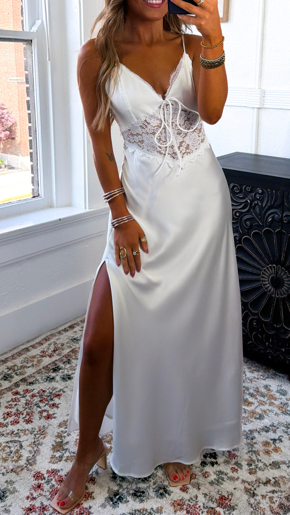 Zevrea Satin Lace Dress, White