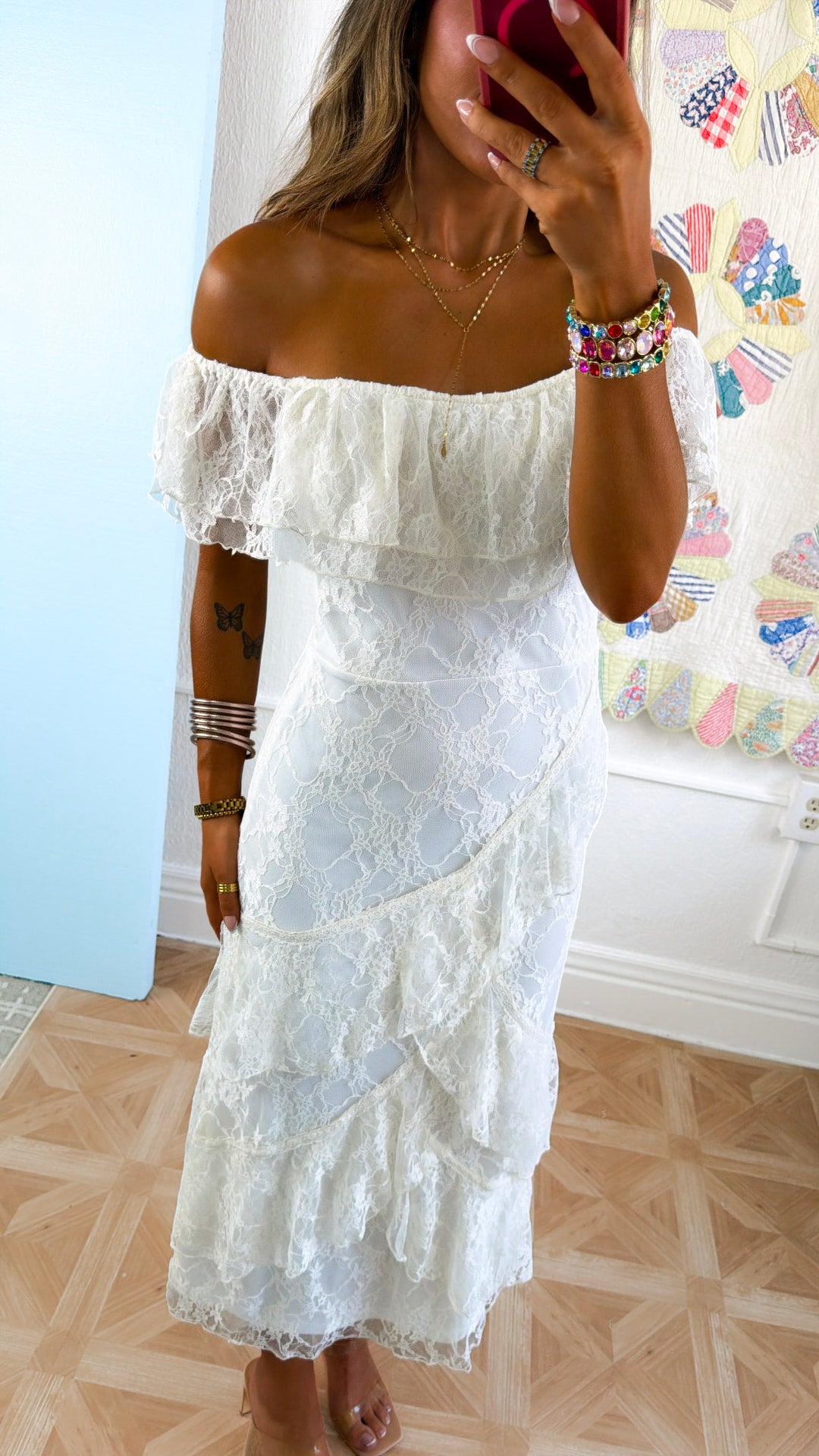 Eleanor Ruffle Lace Dress, Ivory