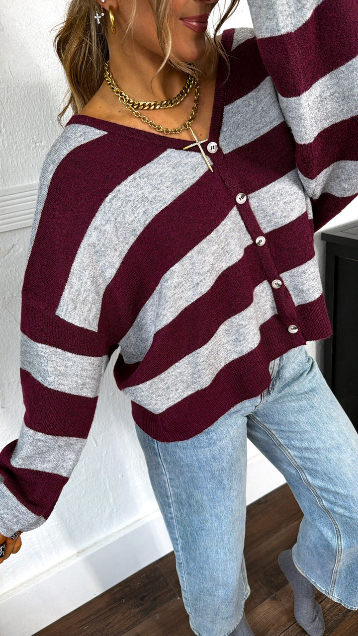 V-Neck Stripe Cardigan, Burgundy/ Grey