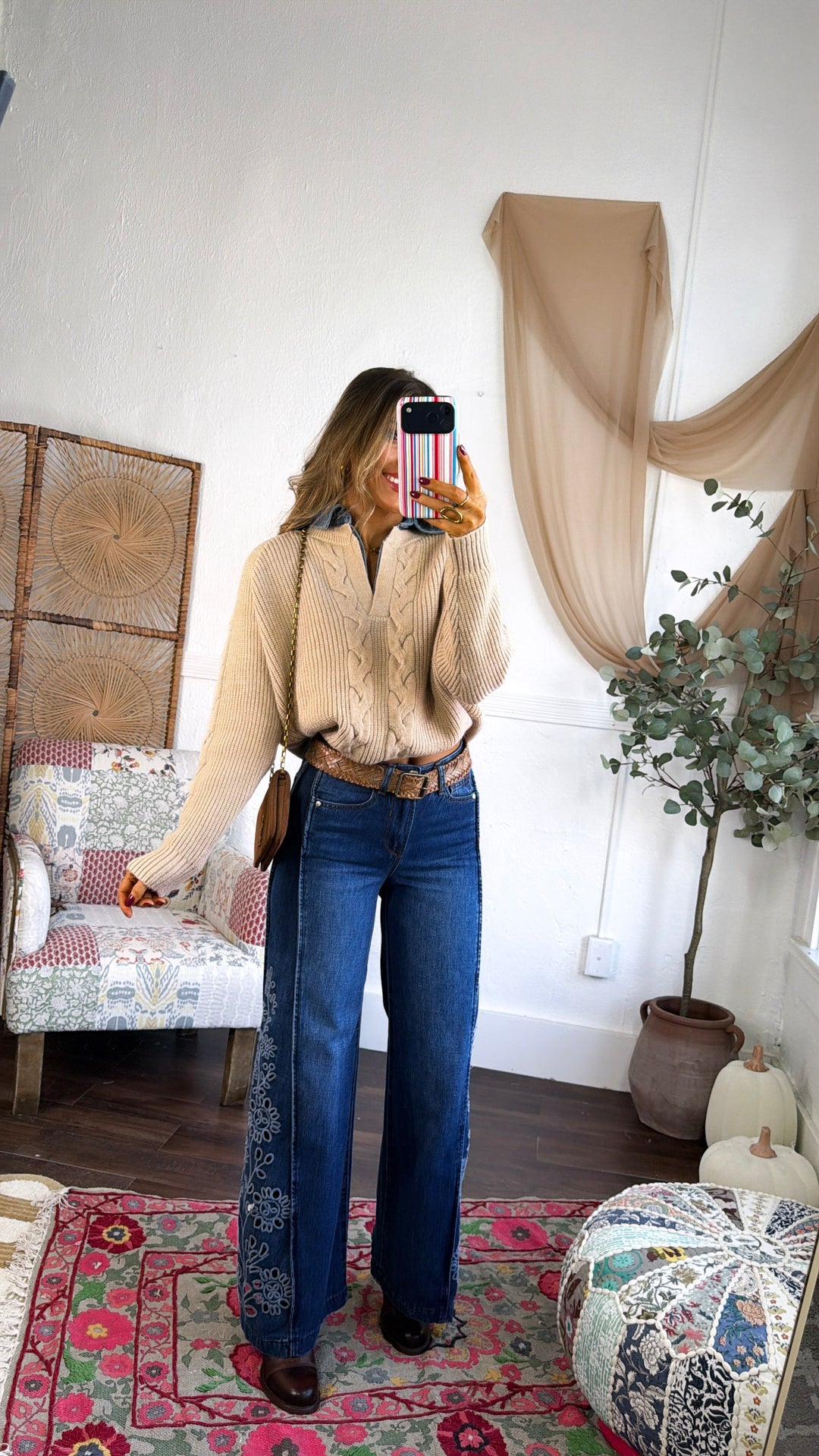 Denim Lined Sweater, Taupe