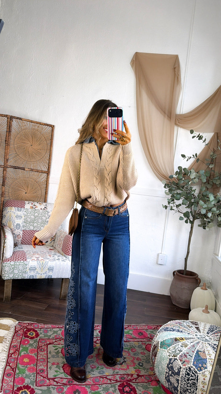 Denim Lined Sweater, Taupe