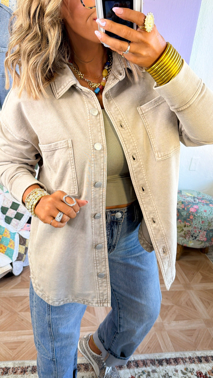 Washed Oversized Shacket, Taupe