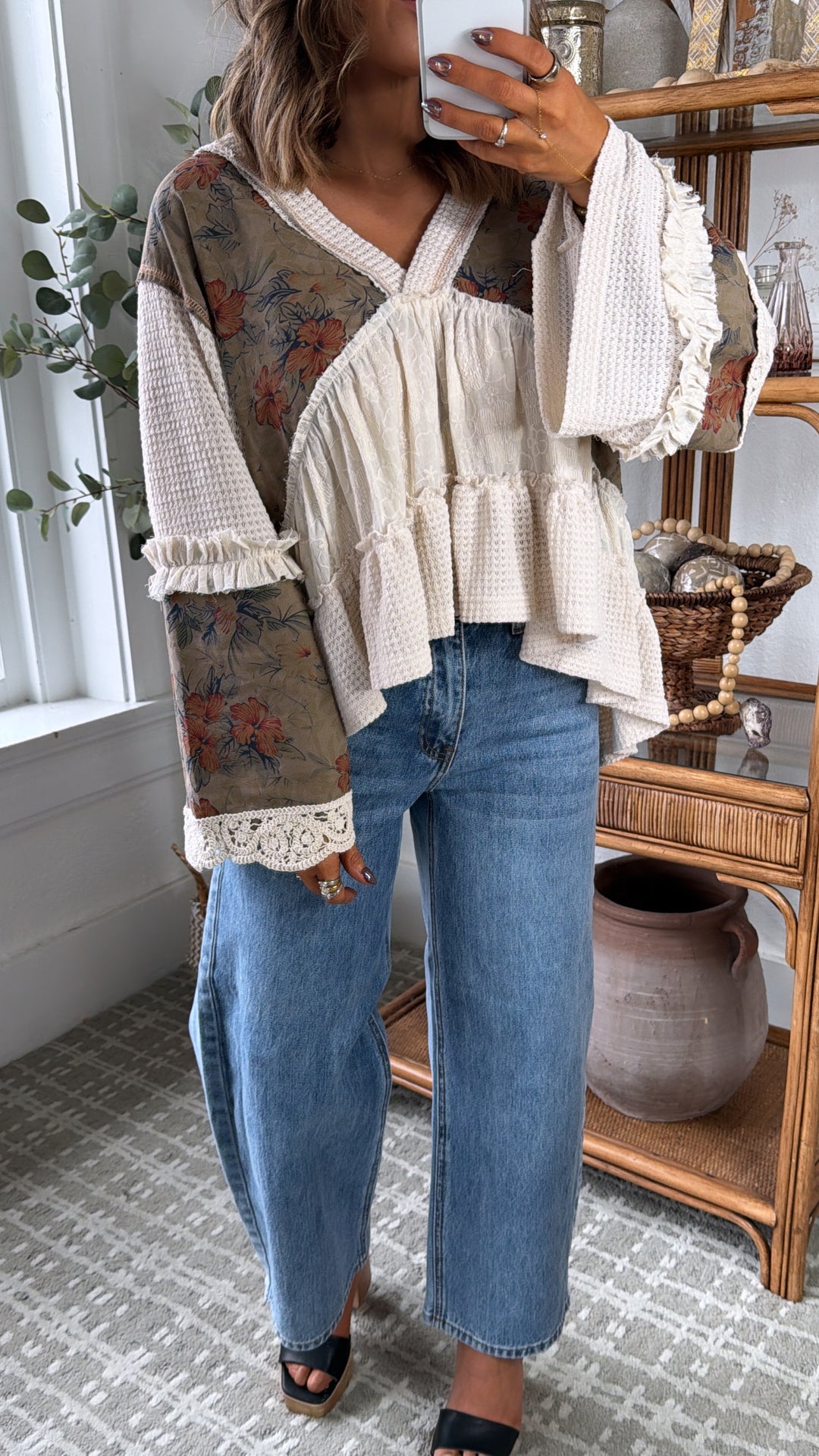 Hibiscus Blooms Patchwork Top, Cream Multi