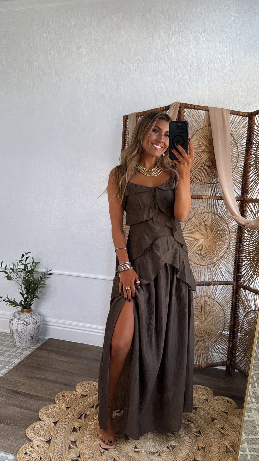 Mocha Rose Ruffled Dress, Chocolate Brown