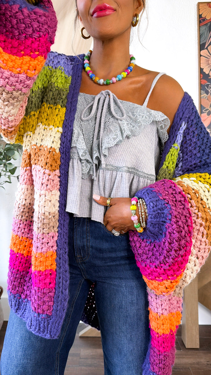 Hand Crochet Oversized Cardigan, Rainbow