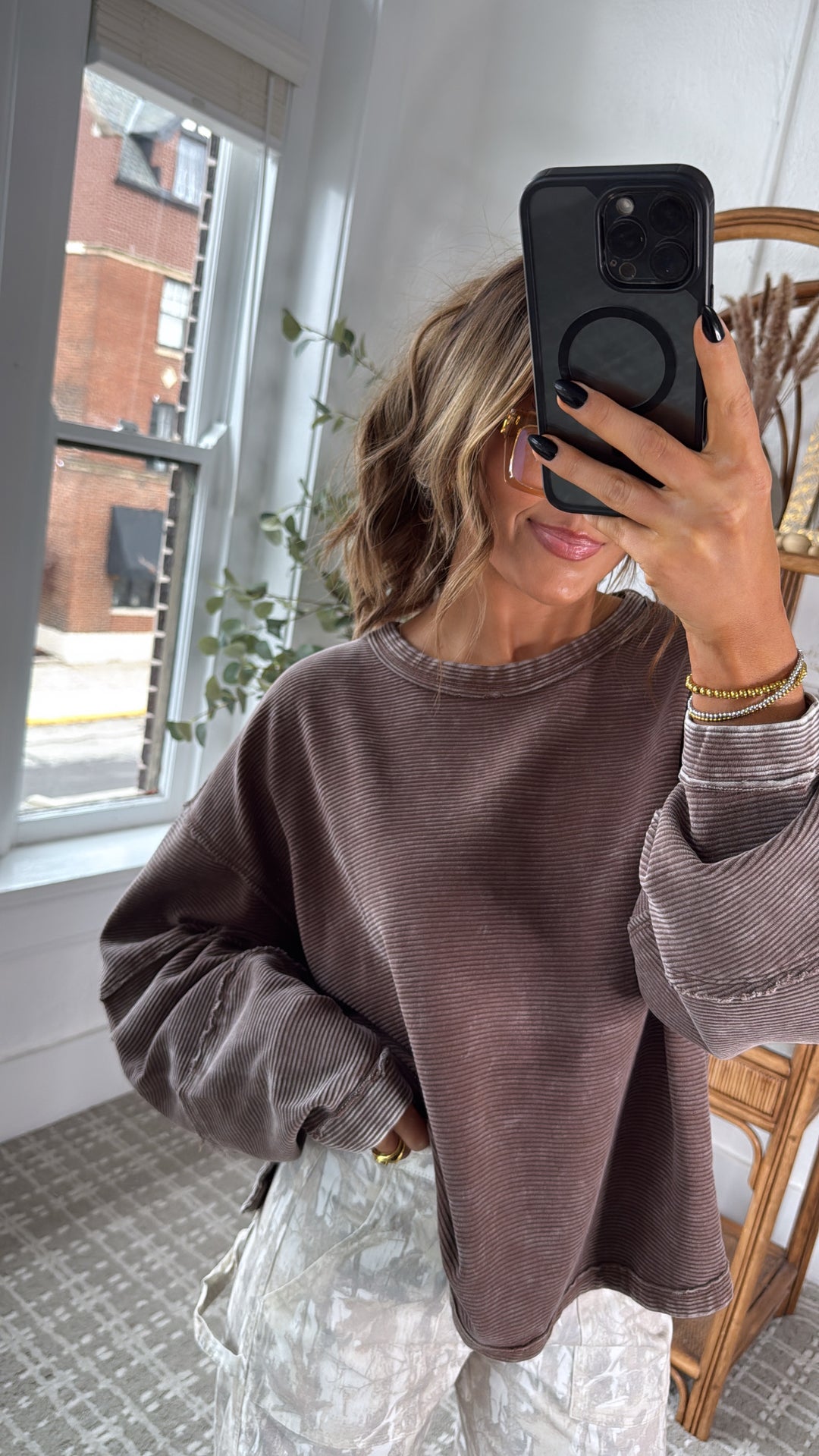 DOORBUSTER: Acid Washed Ribbed Cropped Pullover, Brown