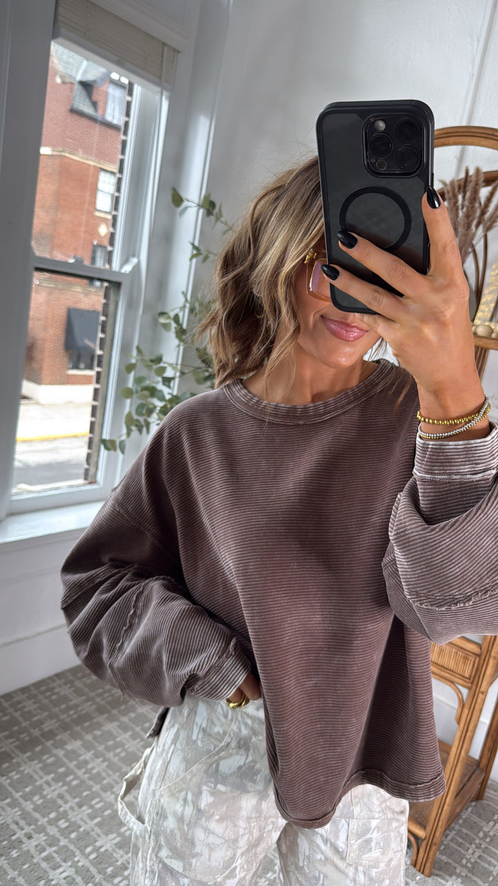 DOORBUSTER: Acid Washed Ribbed Cropped Pullover, Brown