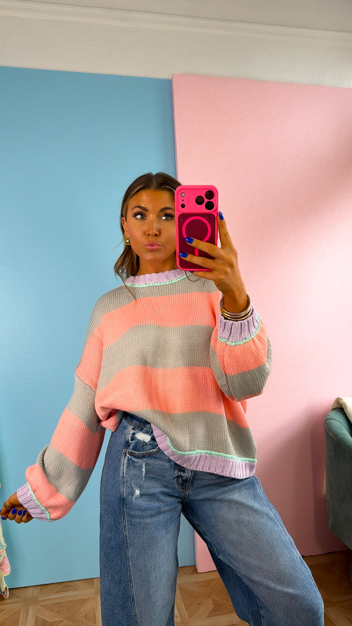 Salt Air Stripe Sweater, Grey/ Pink