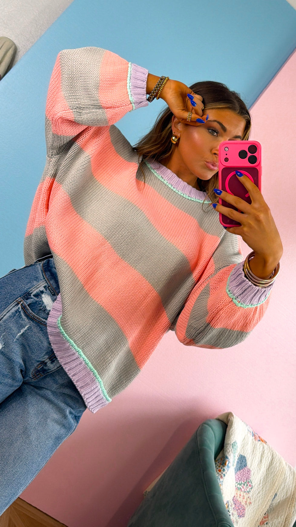 Salt Air Stripe Sweater, Grey/ Pink