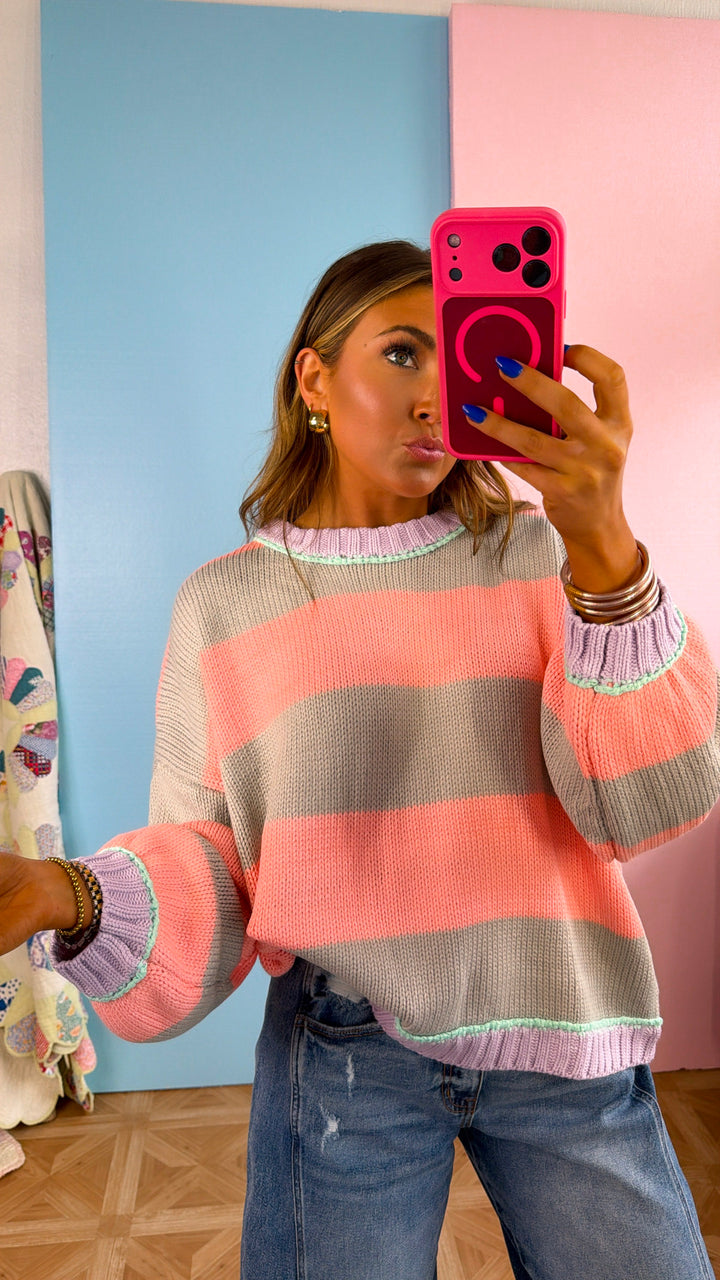 Salt Air Stripe Sweater, Grey/ Pink