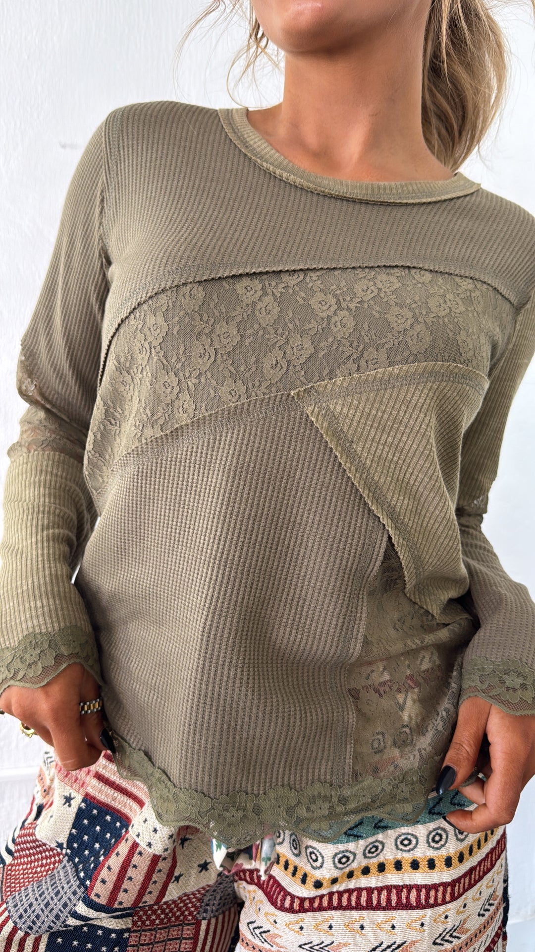 Unevenly Yours Lace Top, Olive