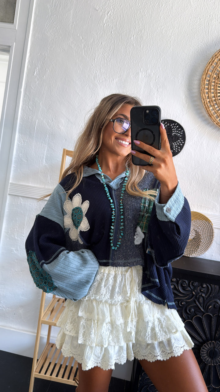 Sweet Impression Patchwork Long Sleeve Top, Indigo