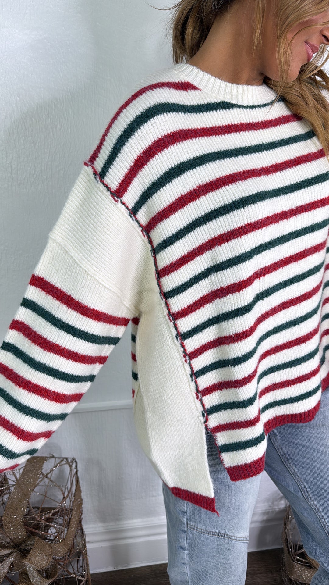 Tinsel Twist Sweater, Ivory/Red/Green