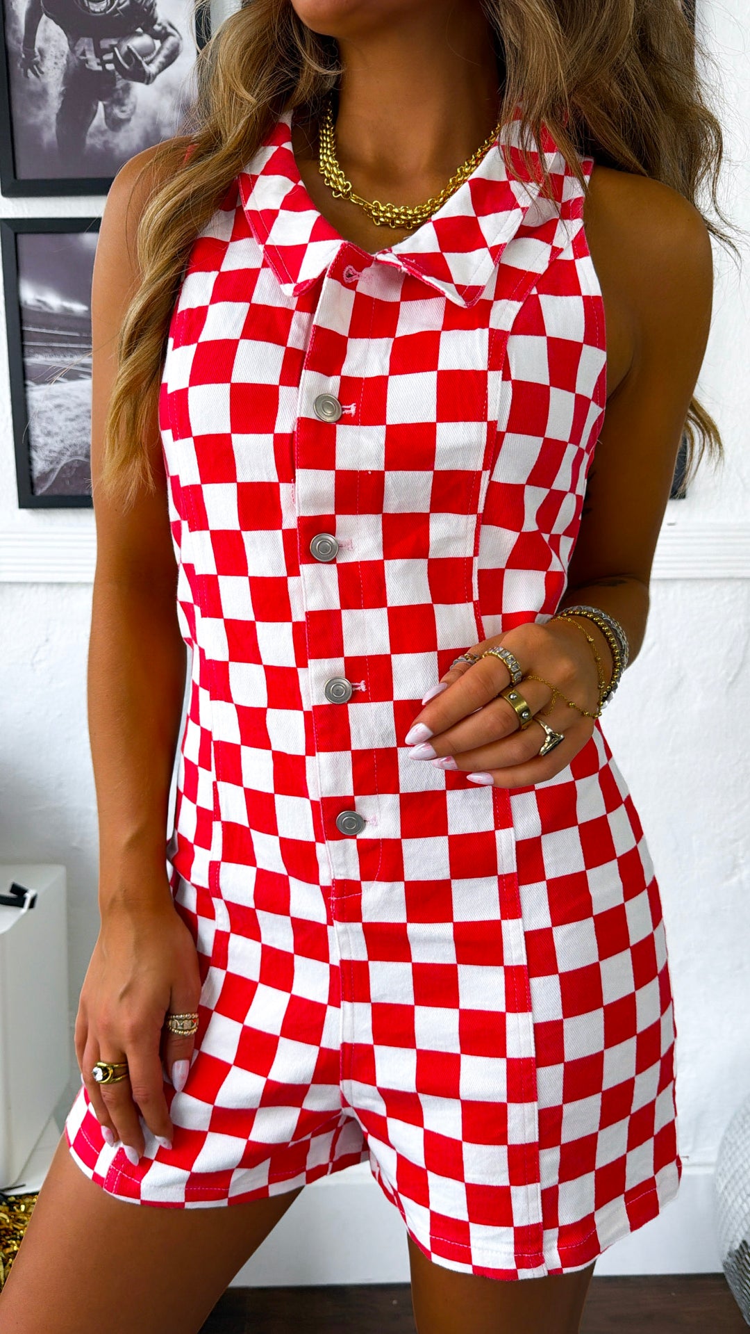 Checkered Babe Romper, Red/White