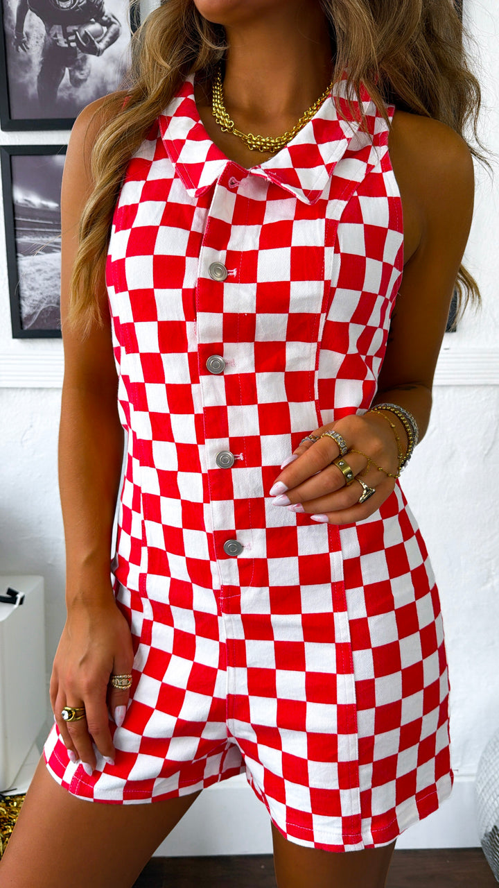 Checkered Babe Romper, Red/White