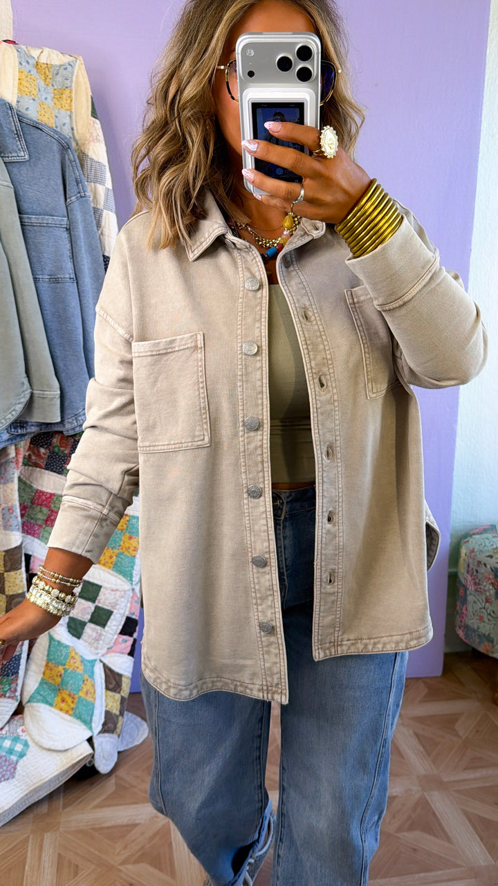Washed Oversized Shacket, Taupe