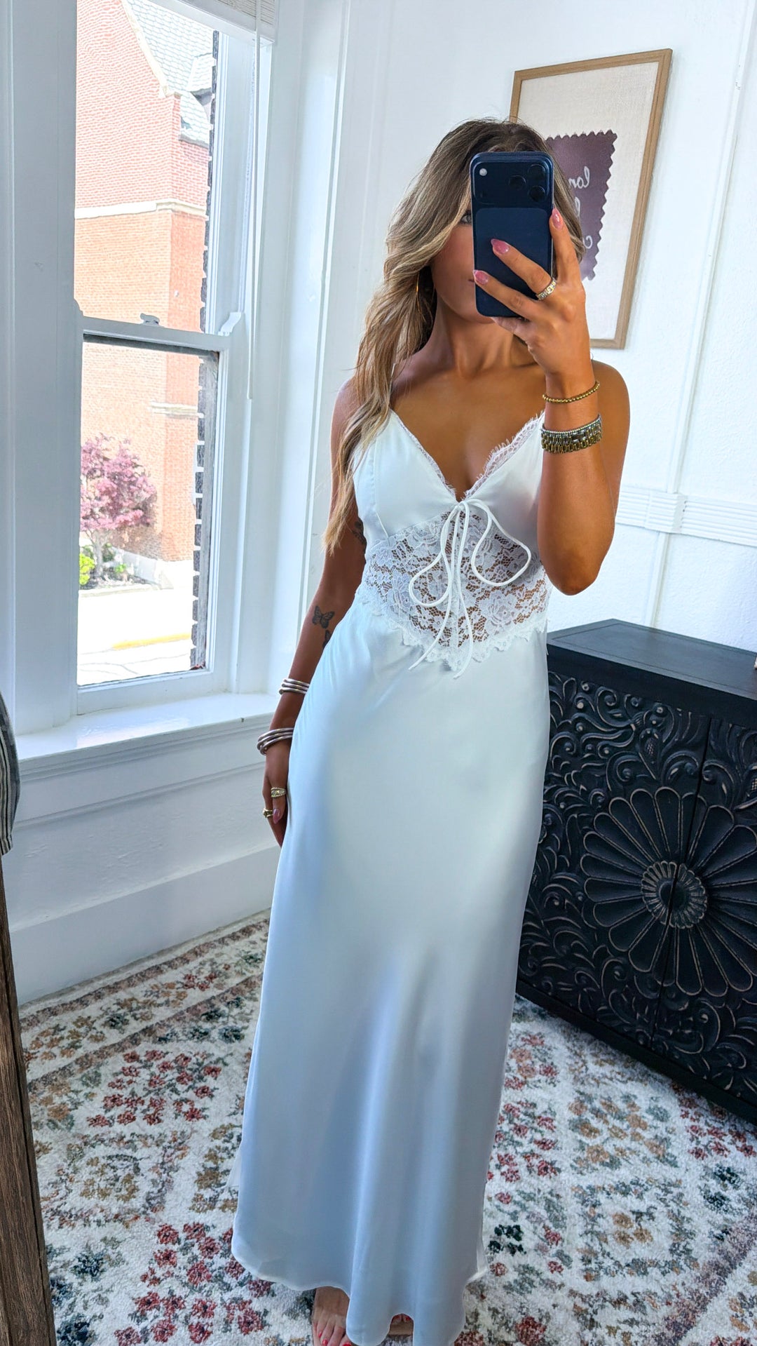 Zevrea Satin Lace Dress, White