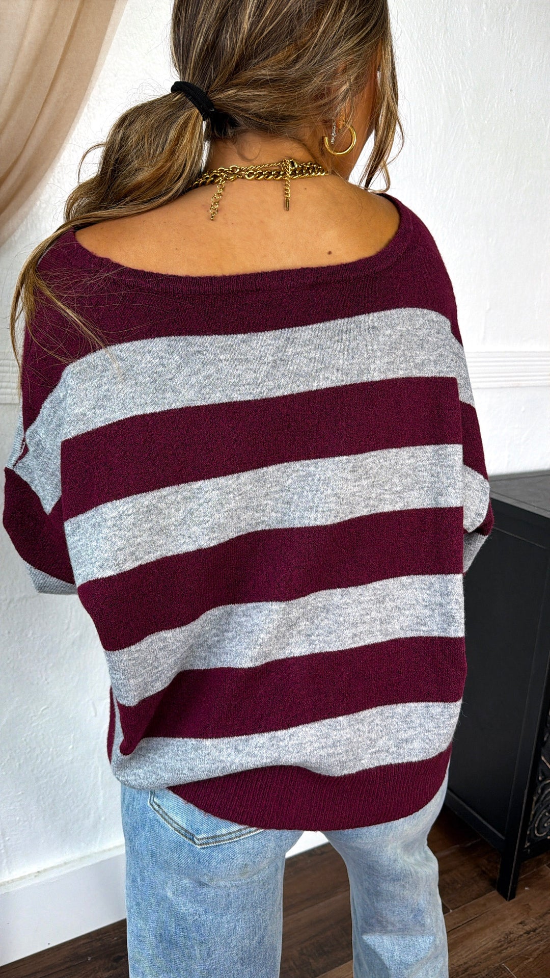 V-Neck Stripe Cardigan, Burgundy/ Grey