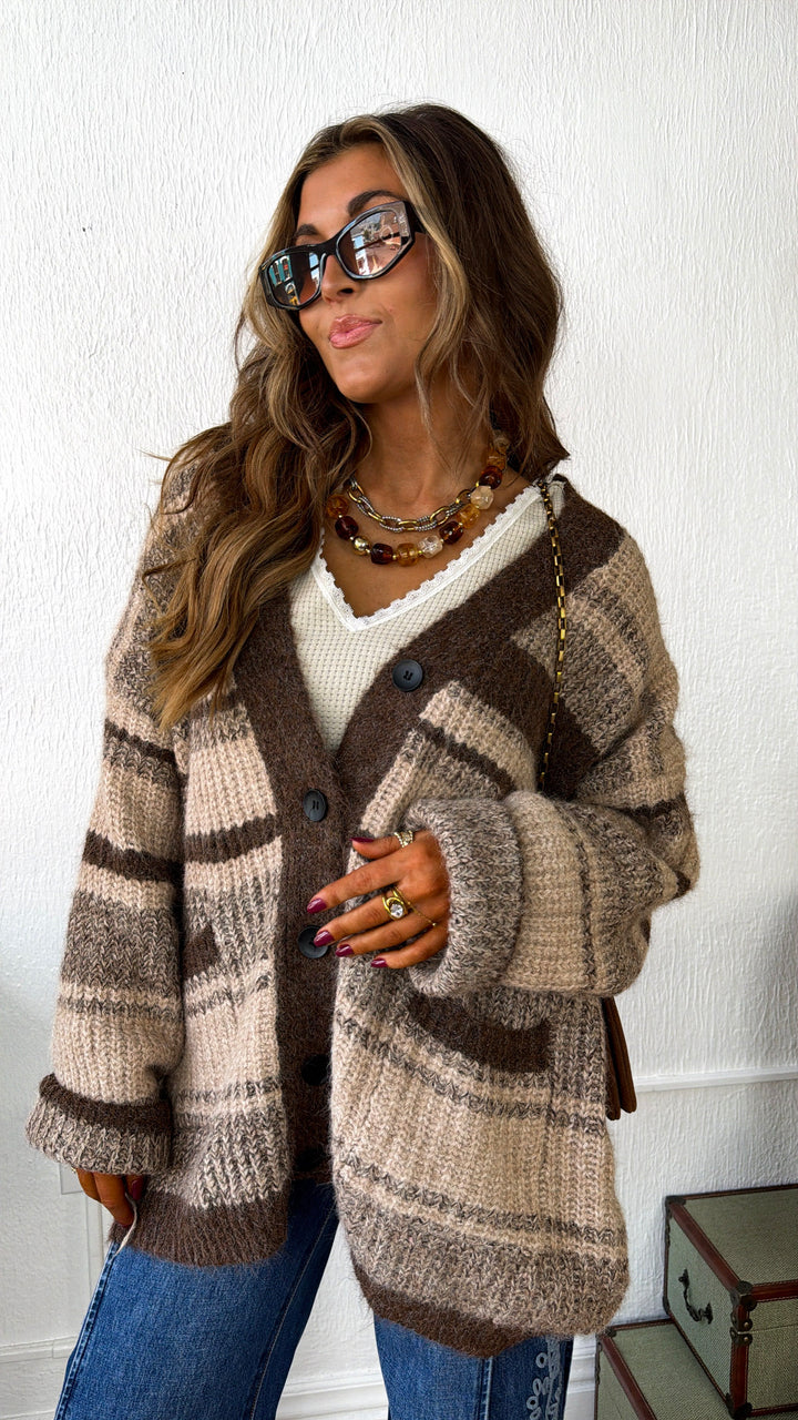 Cozy Contrast Knit Sweater, Choco Multi