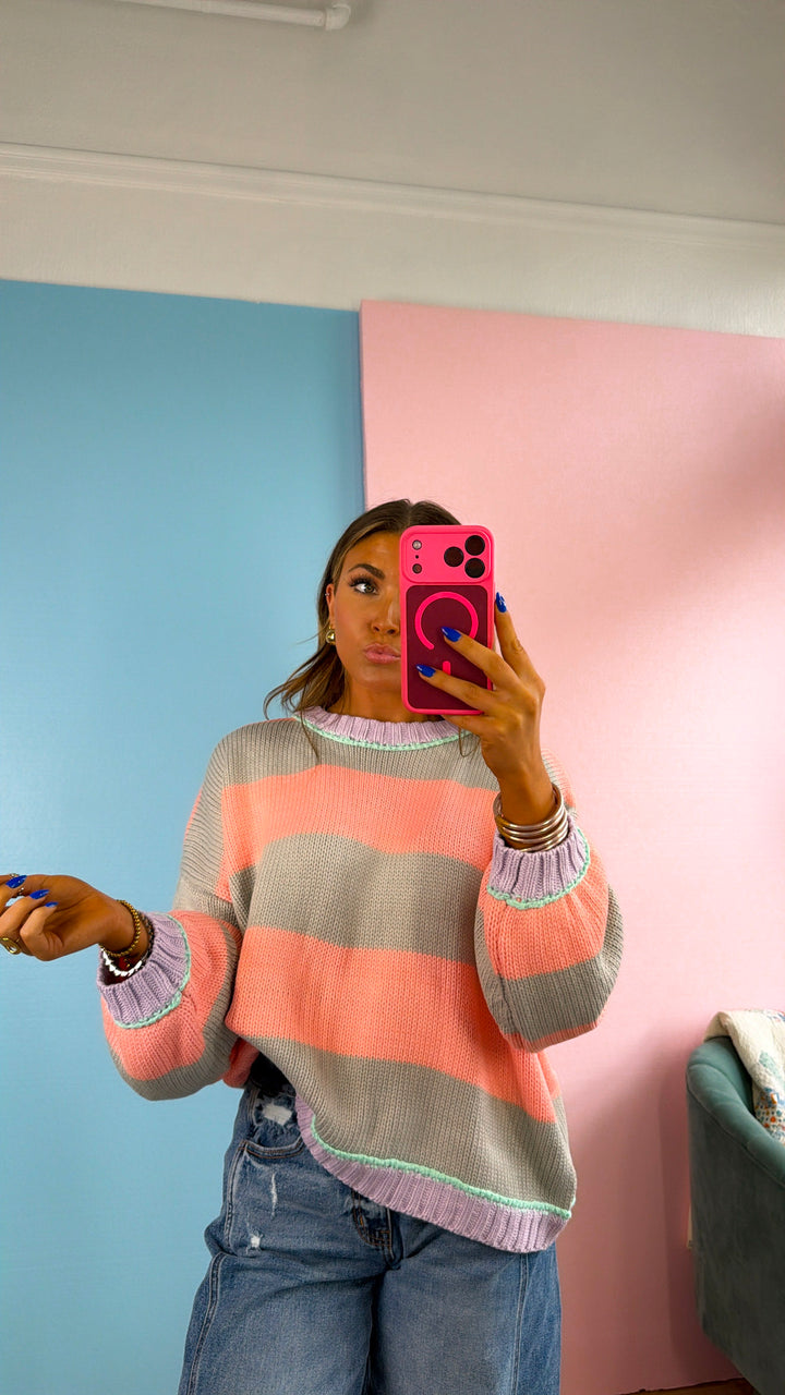 Salt Air Stripe Sweater, Grey/ Pink