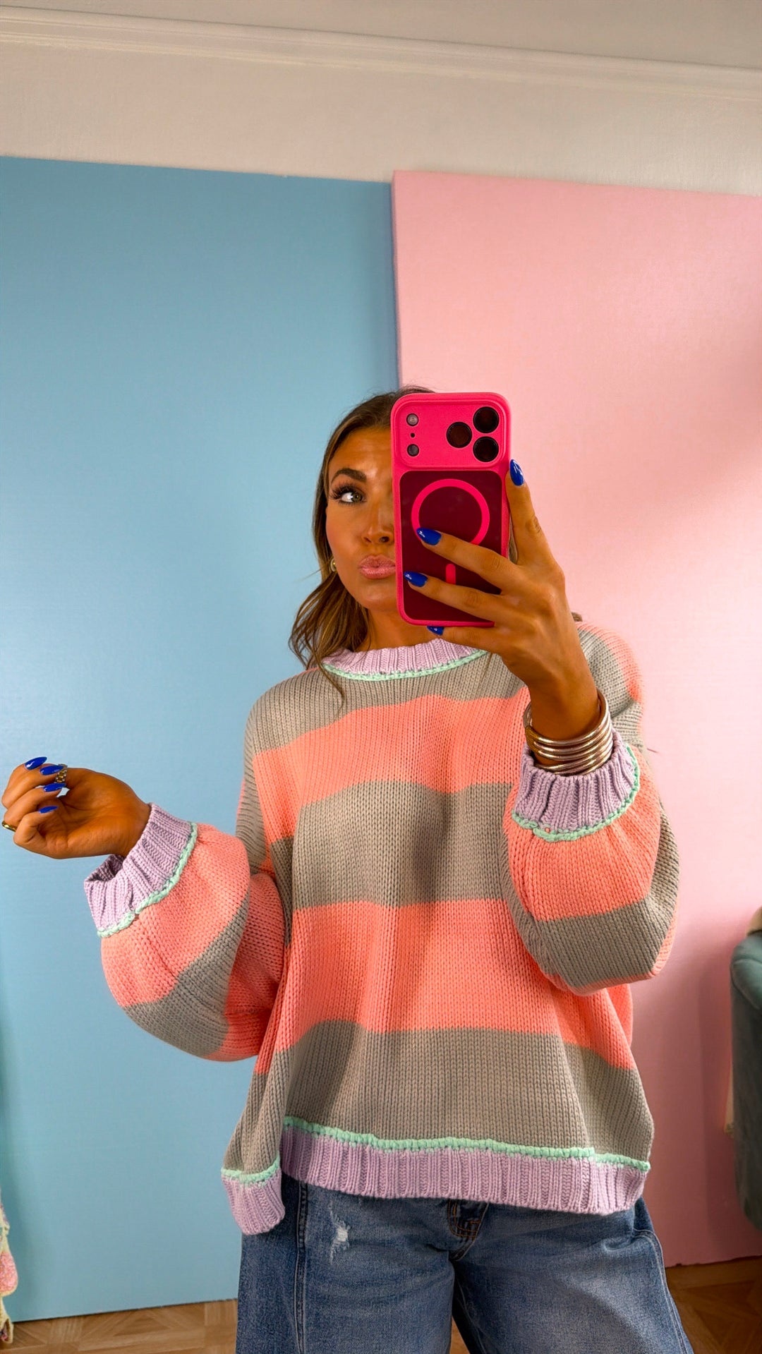 Salt Air Stripe Sweater, Grey/ Pink