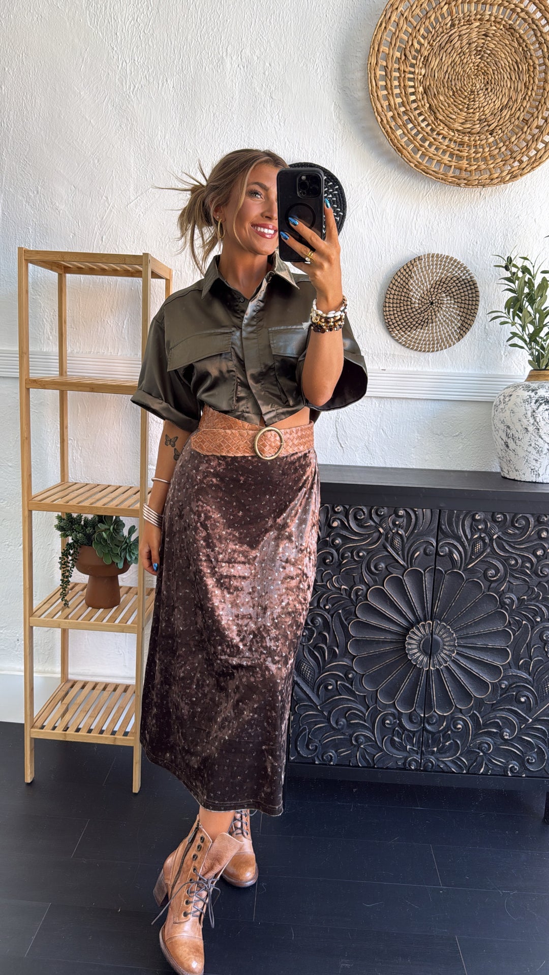 Toasted Fig Velvet Midi Skirt, Brown