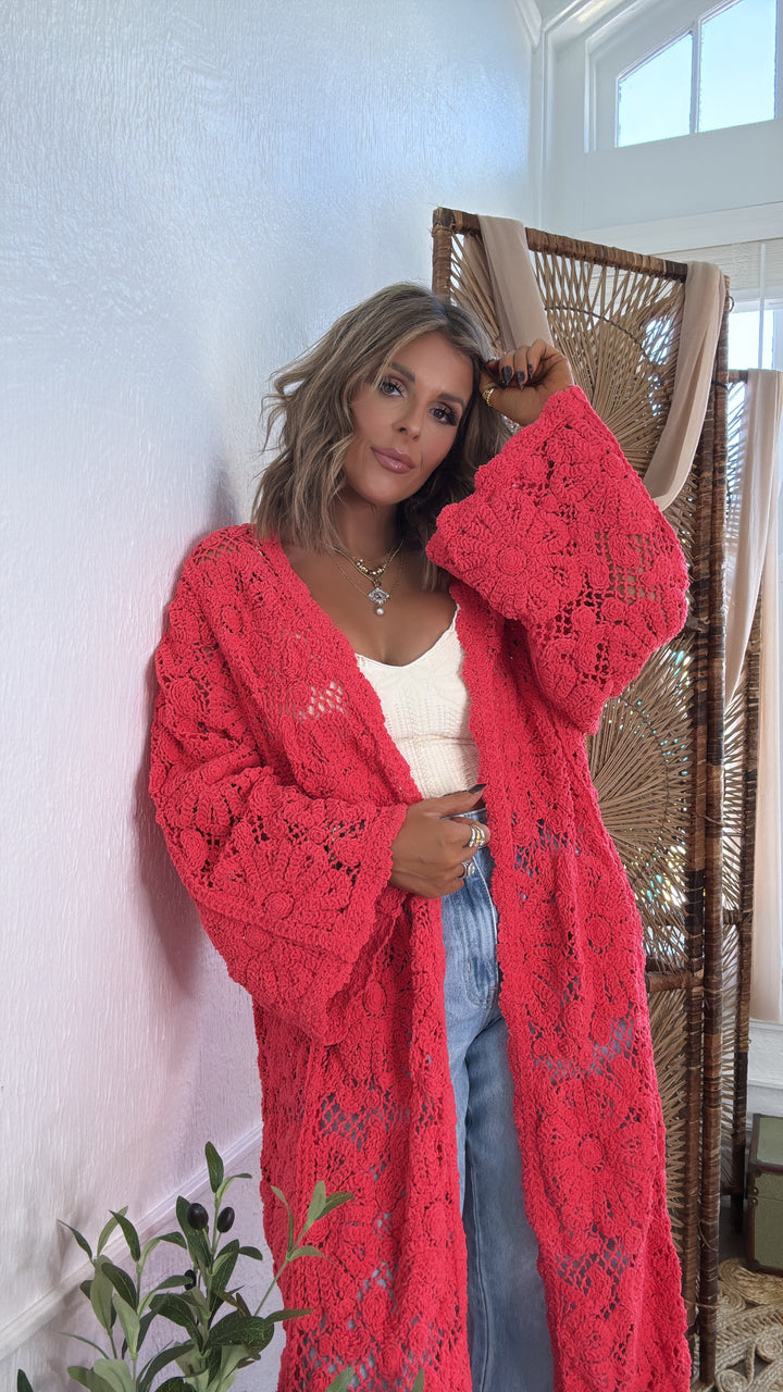 Sunset Soul Crochet Duster, Apple Coral
