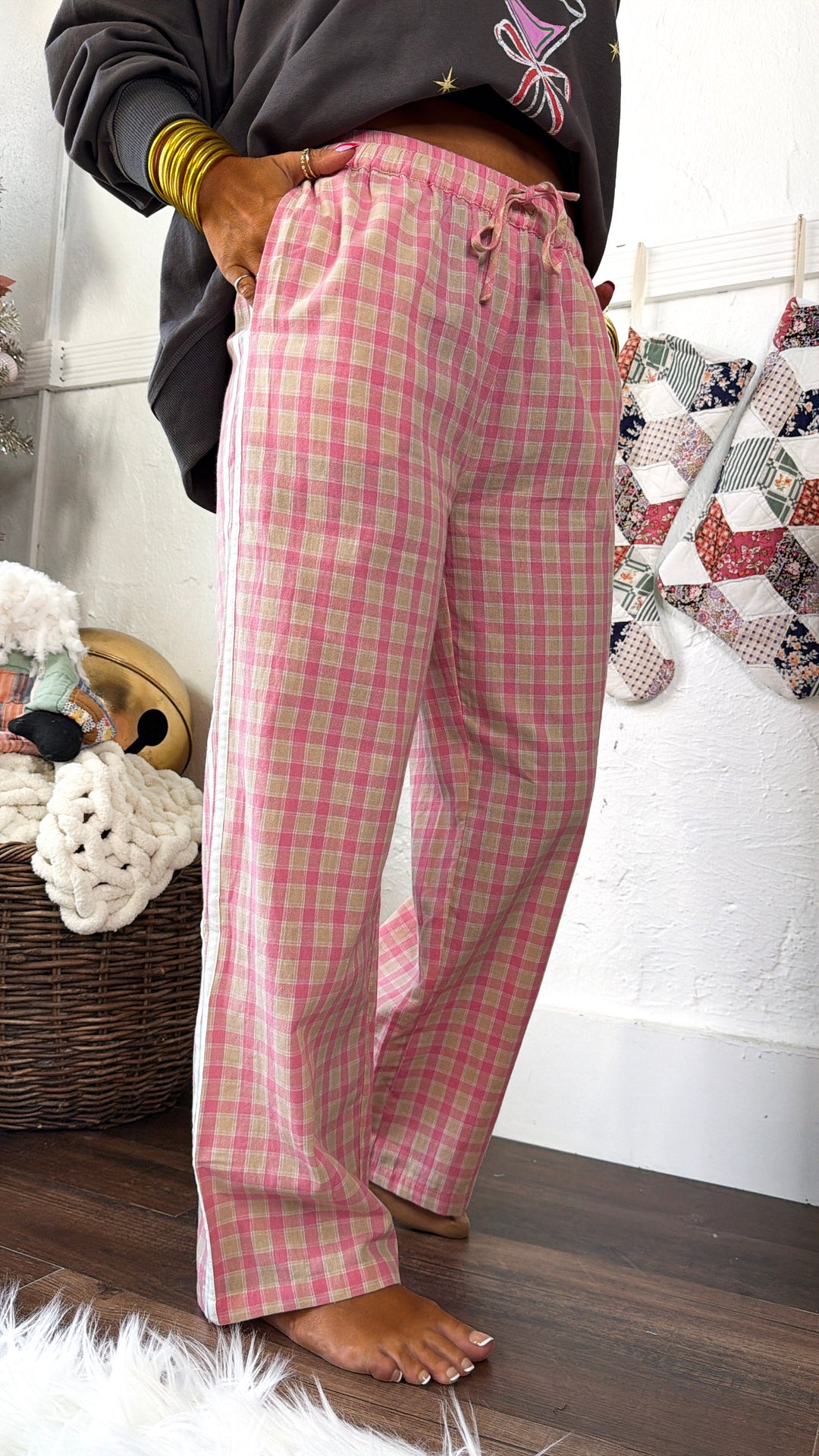Plaid Boxer Pants, Pink/Taupe
