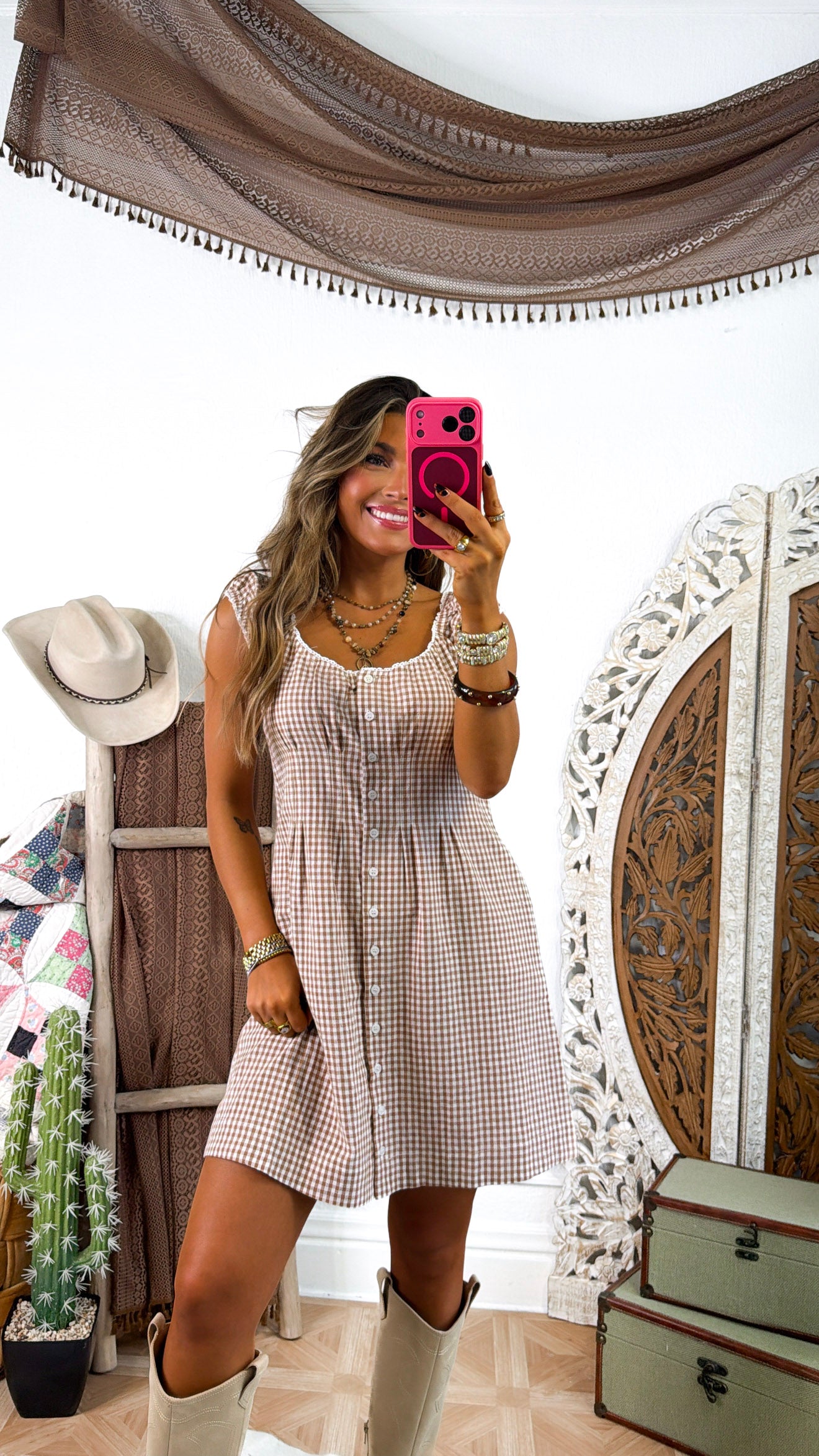 Vanilla Cold Brew Checkered Dress, Mocha/Cream – Everyday Chic