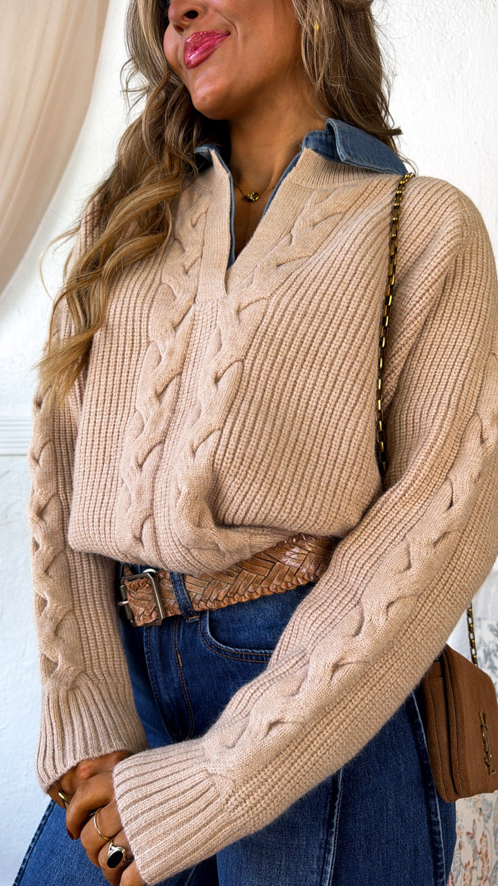 Denim Lined Sweater, Taupe
