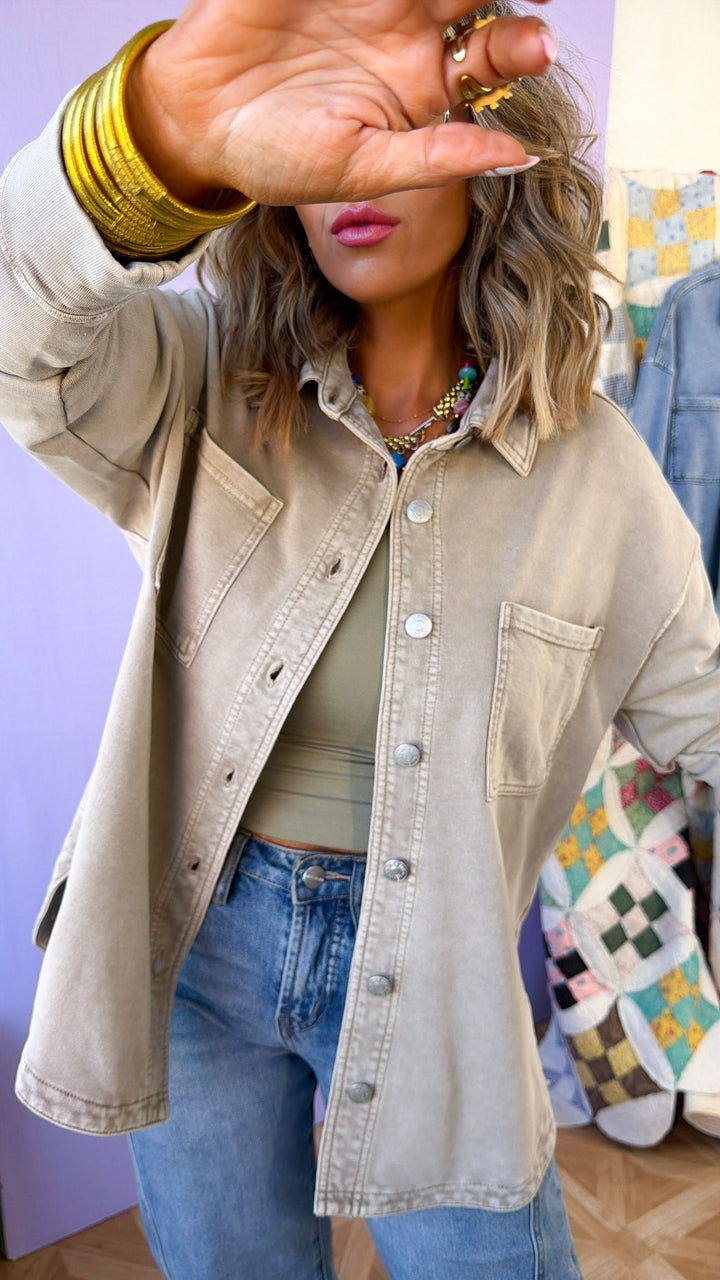 Washed Oversized Shacket, Taupe