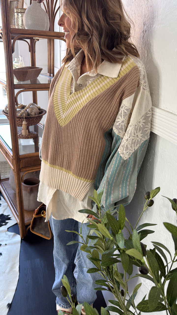 Willa Layered Vest Top, Blue/Taupe