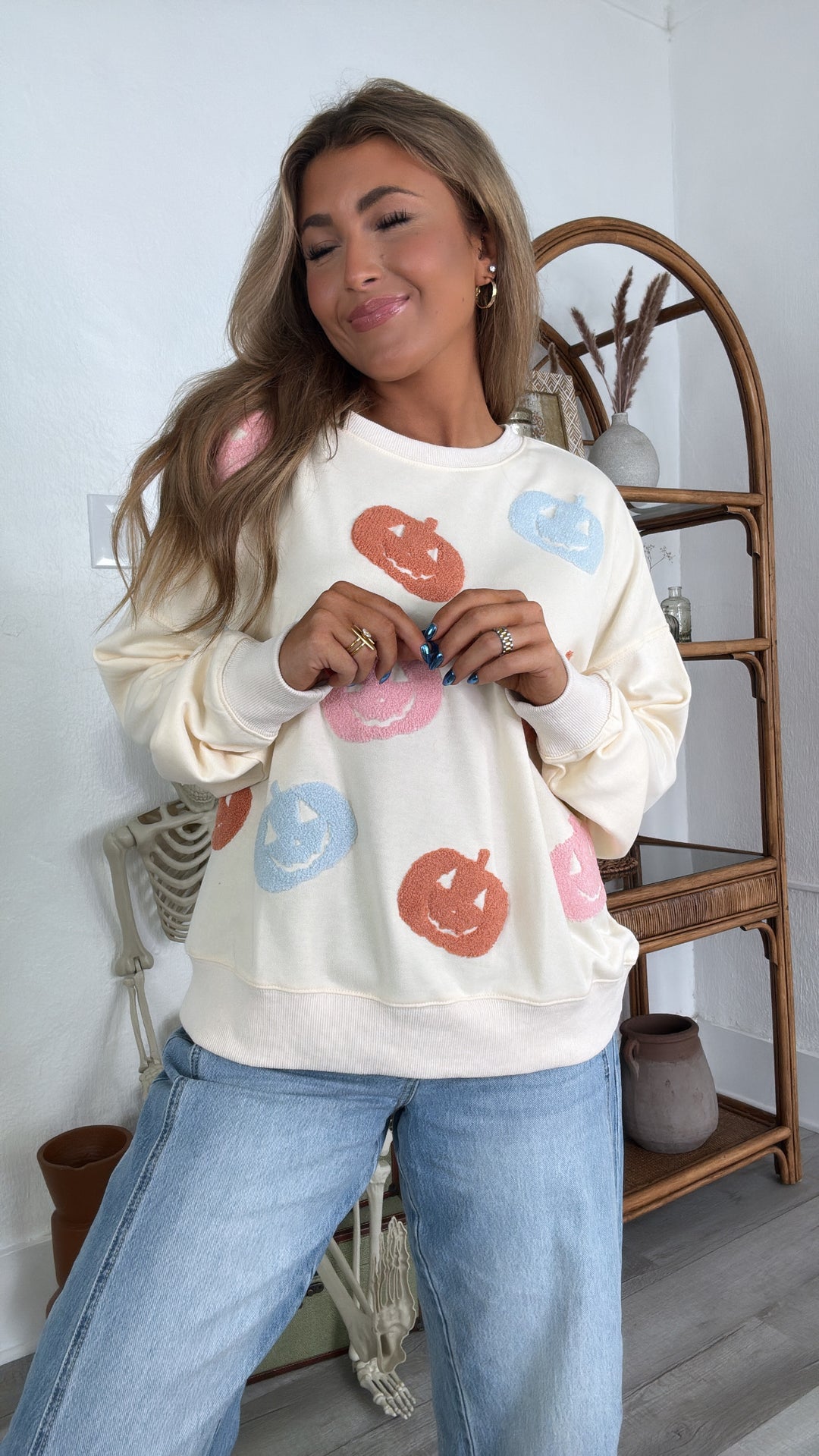 Oversized Pumpkin Embroidered Sweater, Ivory