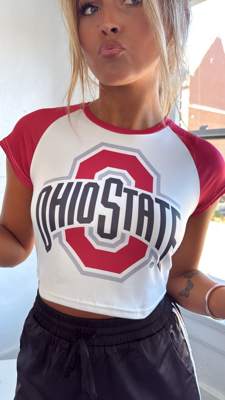 Ohio Crop Baby Tee, White/Red