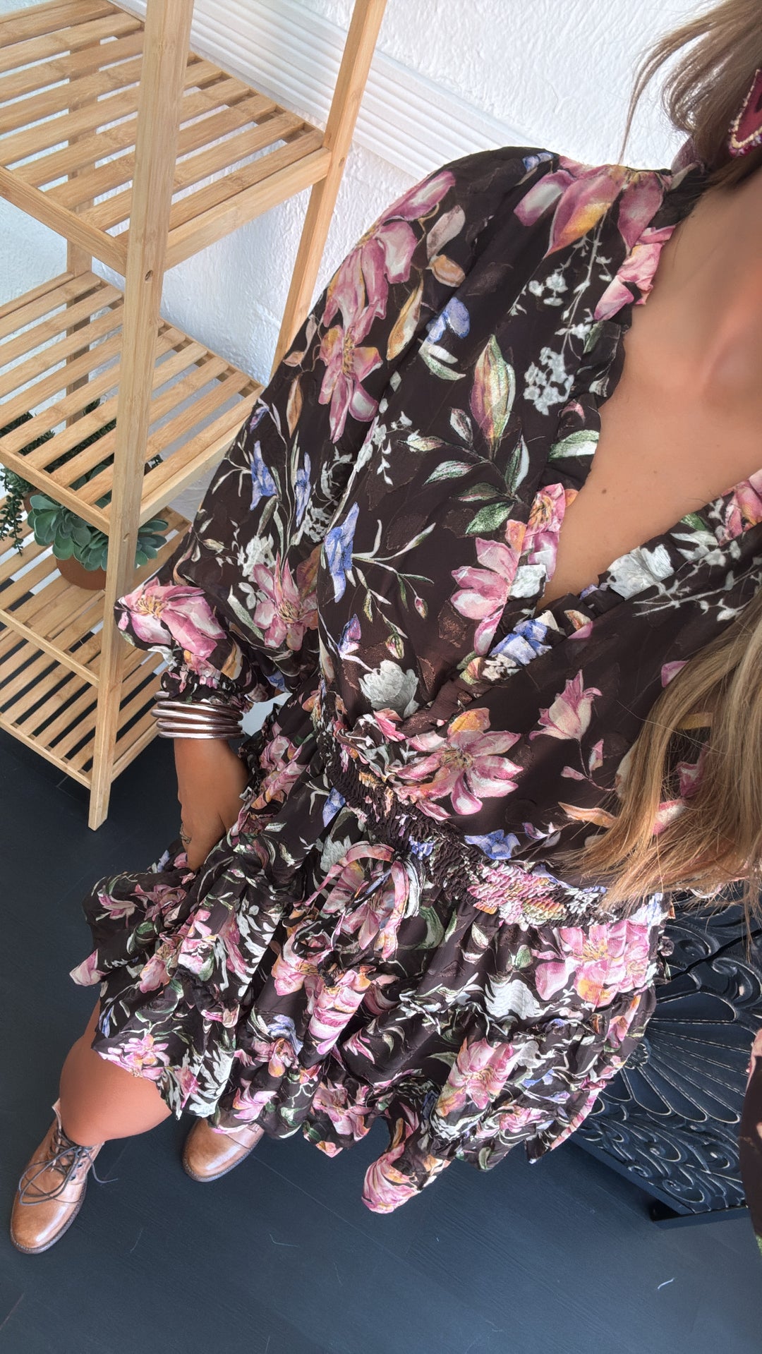 Midnight Flower Mini Dress, Chocolate Multi