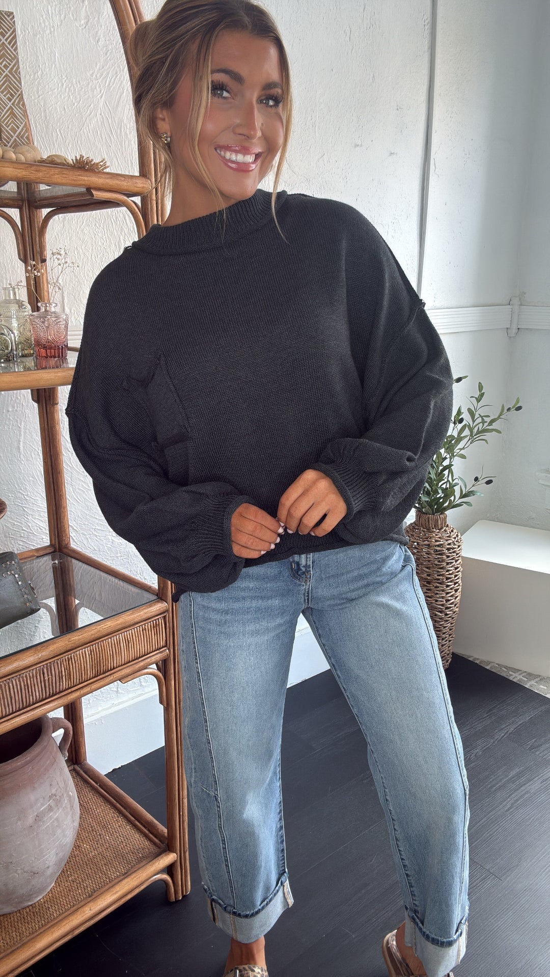 Elevated Basic Balloon Sleeve Sweater, Grey/Black