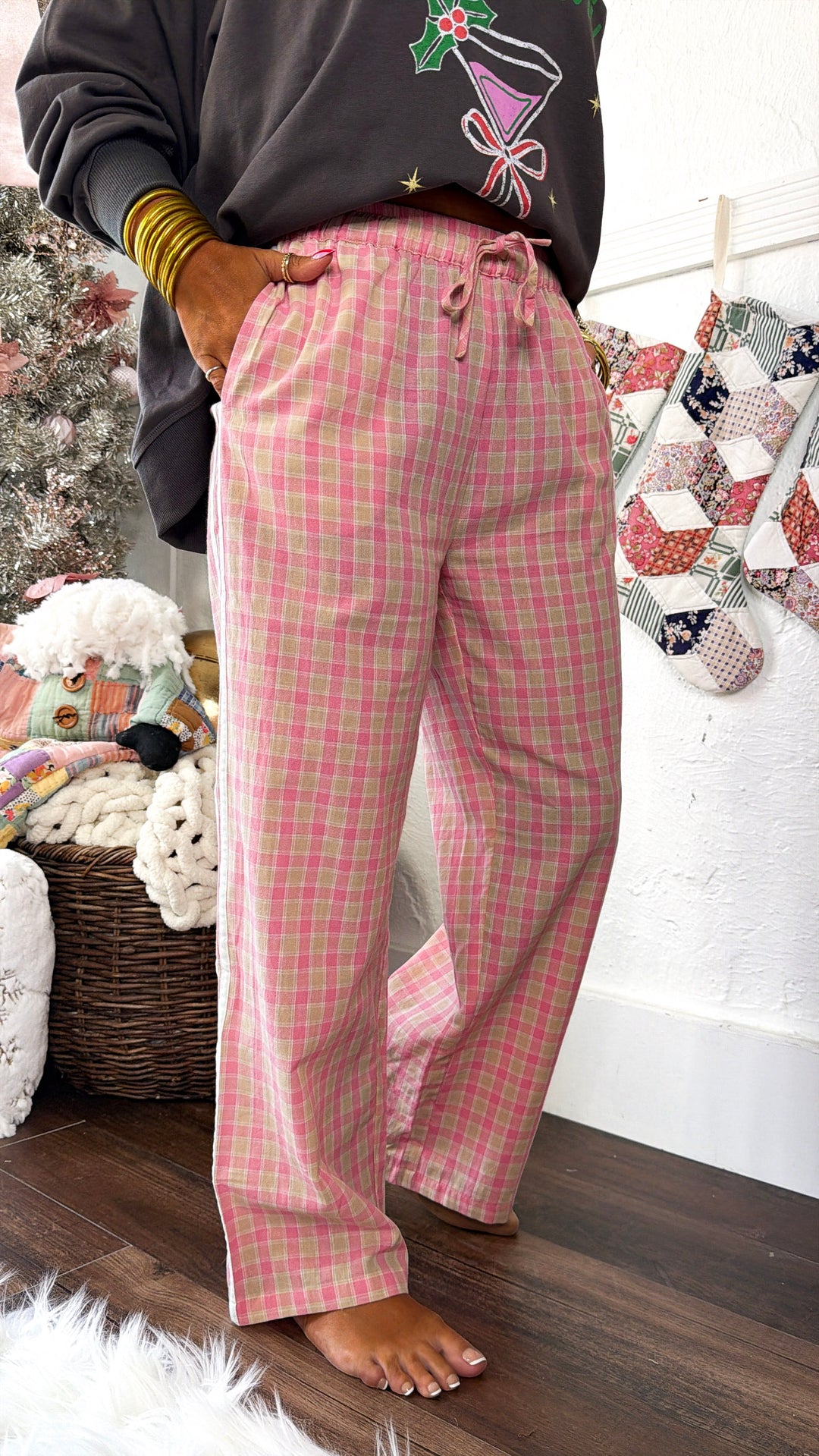 Plaid Boxer Pants, Pink/Taupe