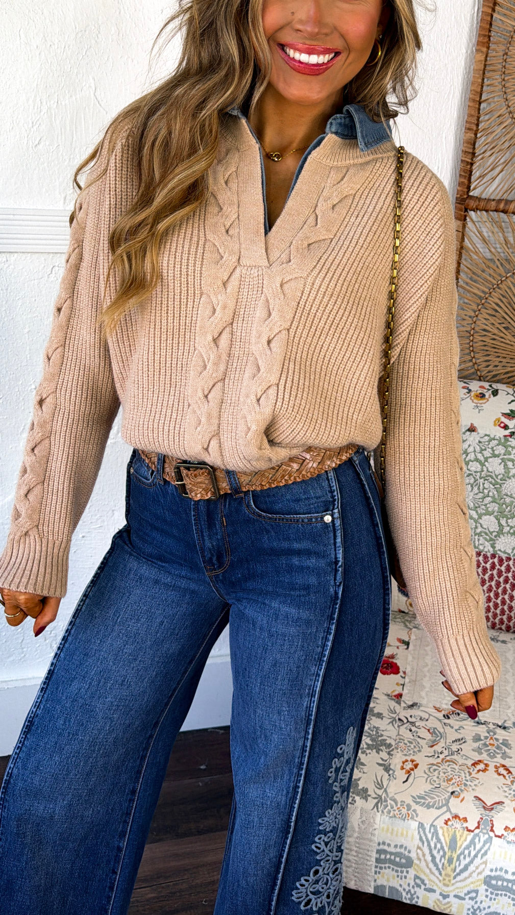 Denim Lined Sweater, Taupe