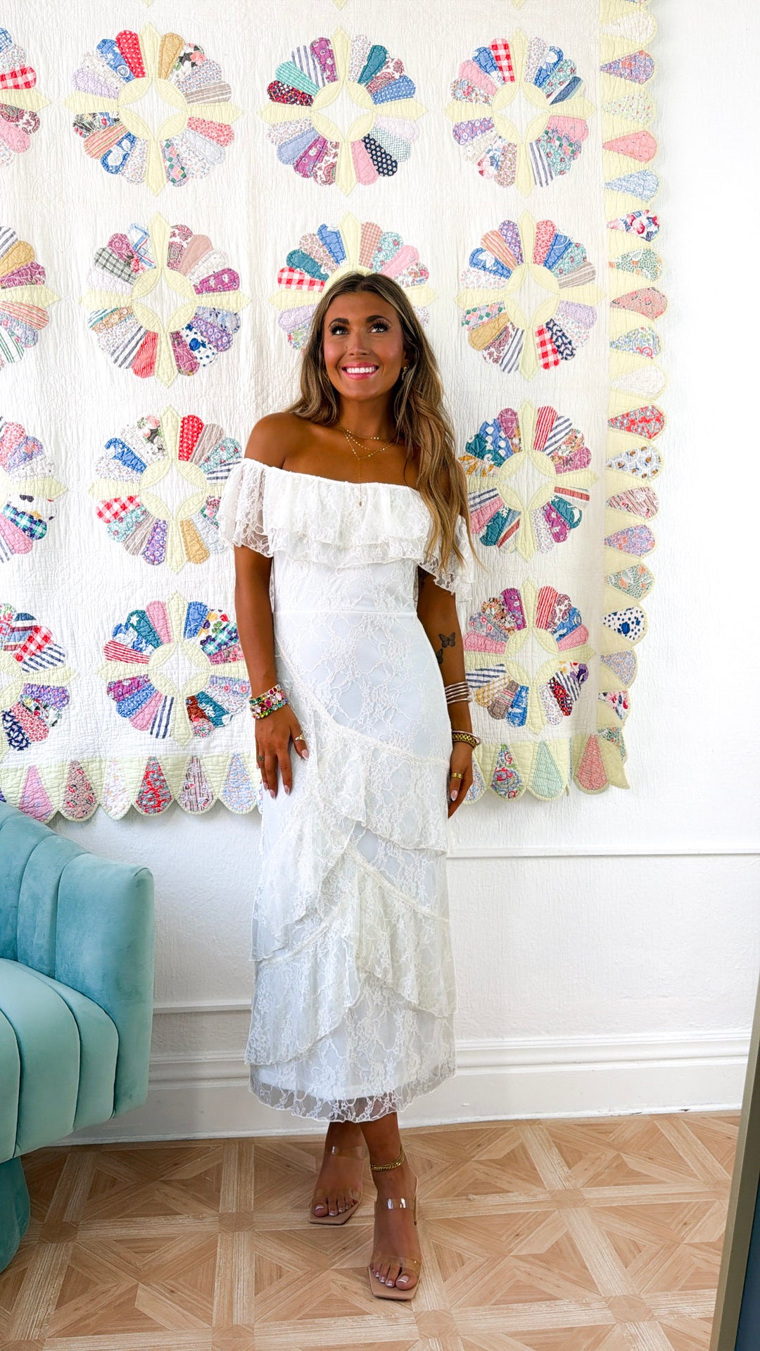 Eleanor Ruffle Lace Dress, Ivory