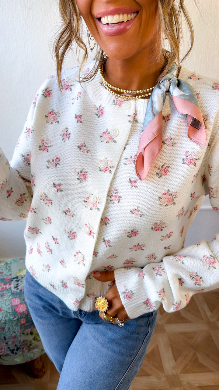 Rosebud Floral Sweater, Off White/ Pink