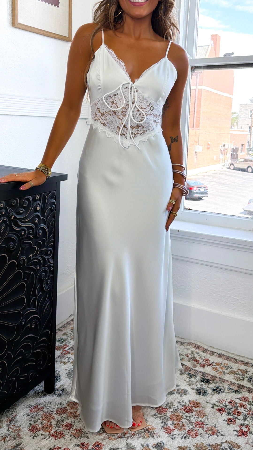 Zevrea Satin Lace Dress, White