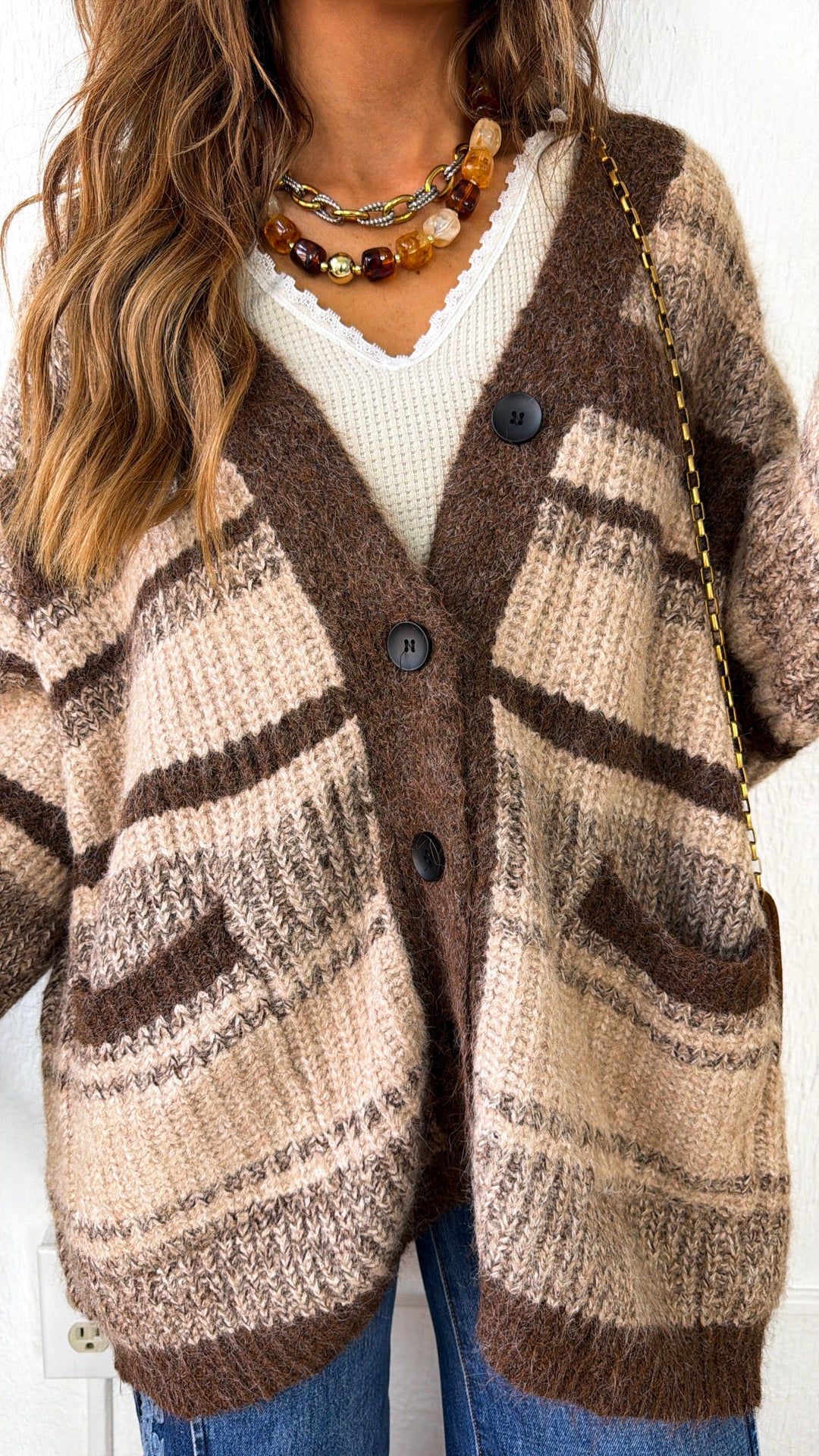 Cozy Contrast Knit Sweater, Choco Multi